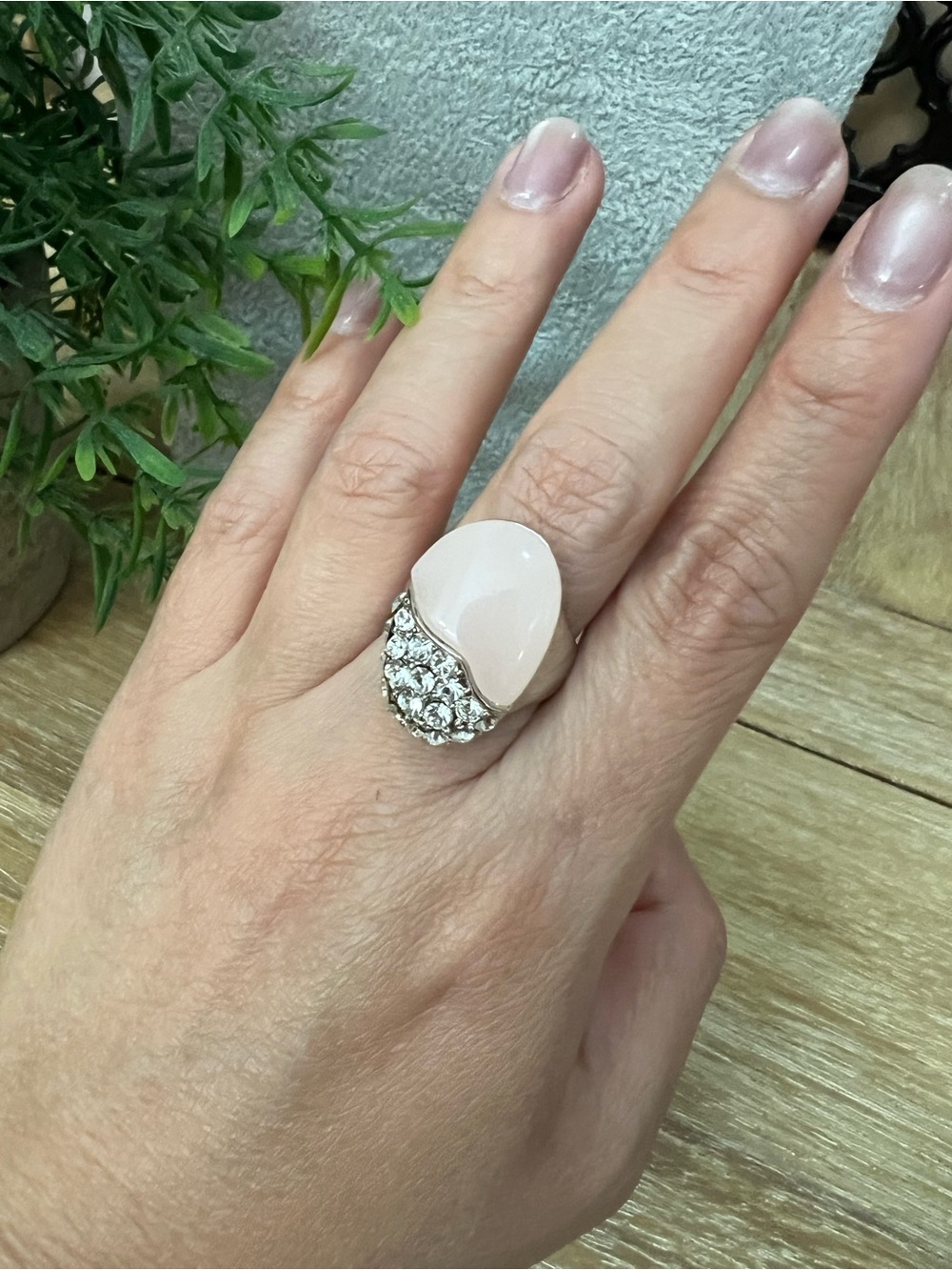 Elegant Pink Stone Cocktail Ring with Crystal Accent - Size 7.5